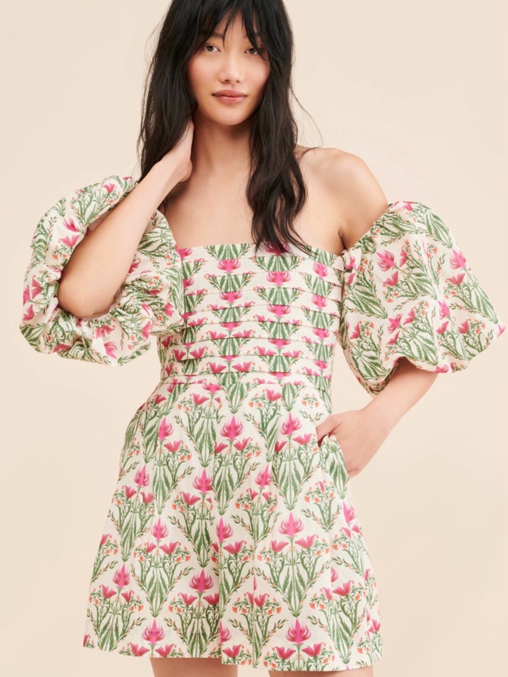 Especia Floral Puff-Sleeve Strapless Romper in Pink & Green